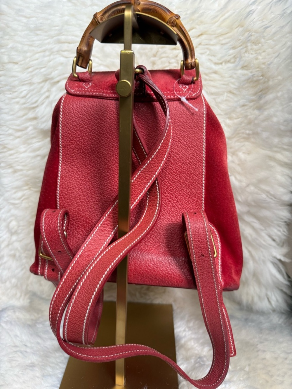 Gucci Red Suede Backpack with Bamboo Top Handle - Authentic - Picture 3 of 6